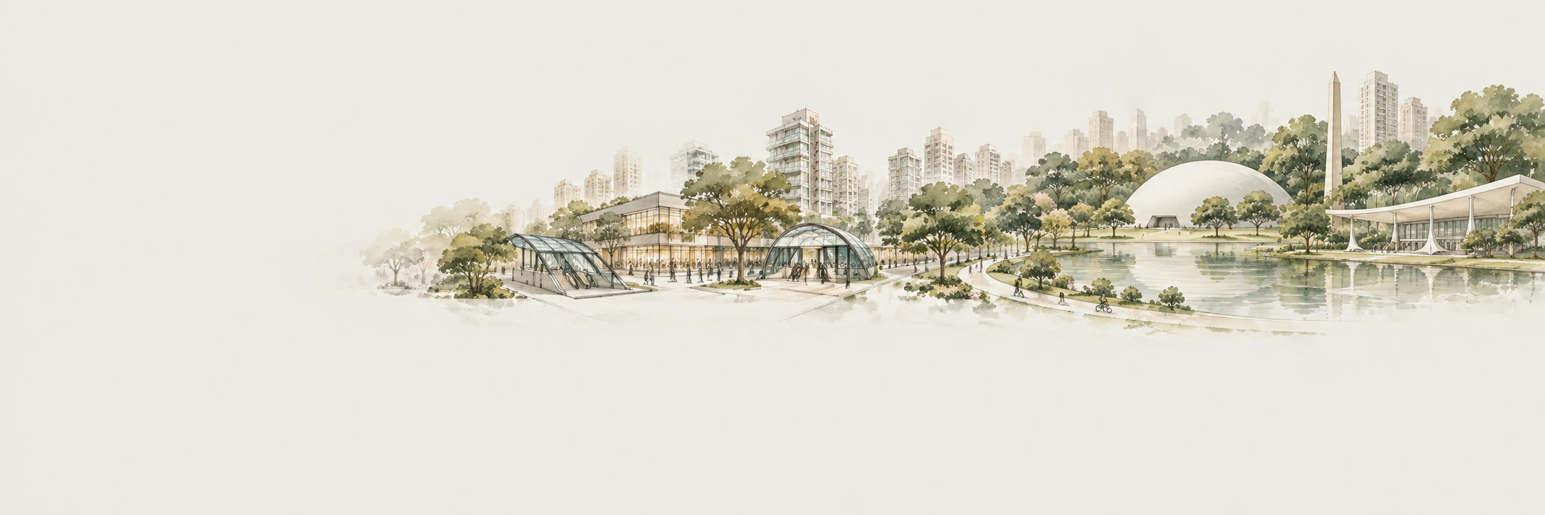 Ilustração do entorno: entrada do metrô, Shopping Ibirapuera, prédios de Moema e o Parque Ibirapuera com a Oca, o obelisco e o lago